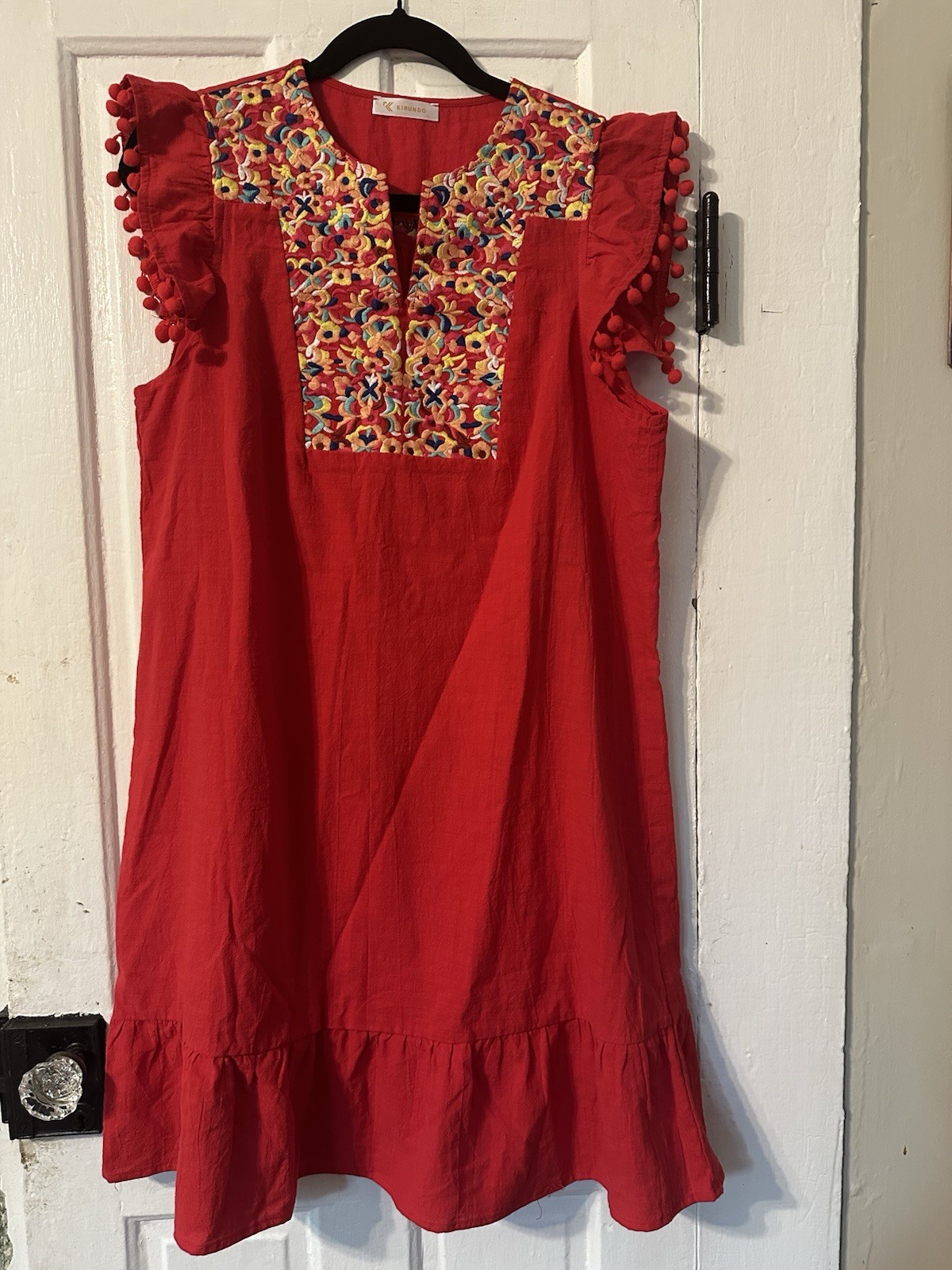 Kirundo Embroidered Boho Mini Dress Red Pom Pom Flutter Sleeve Ruffle Hem Size L