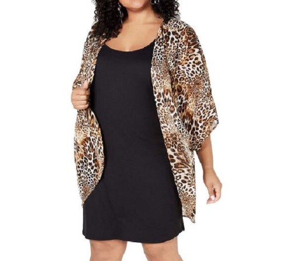 Love Squared Womens Plus 1X Brown Black Animal Print 2 Piece Overlay Dress NWT