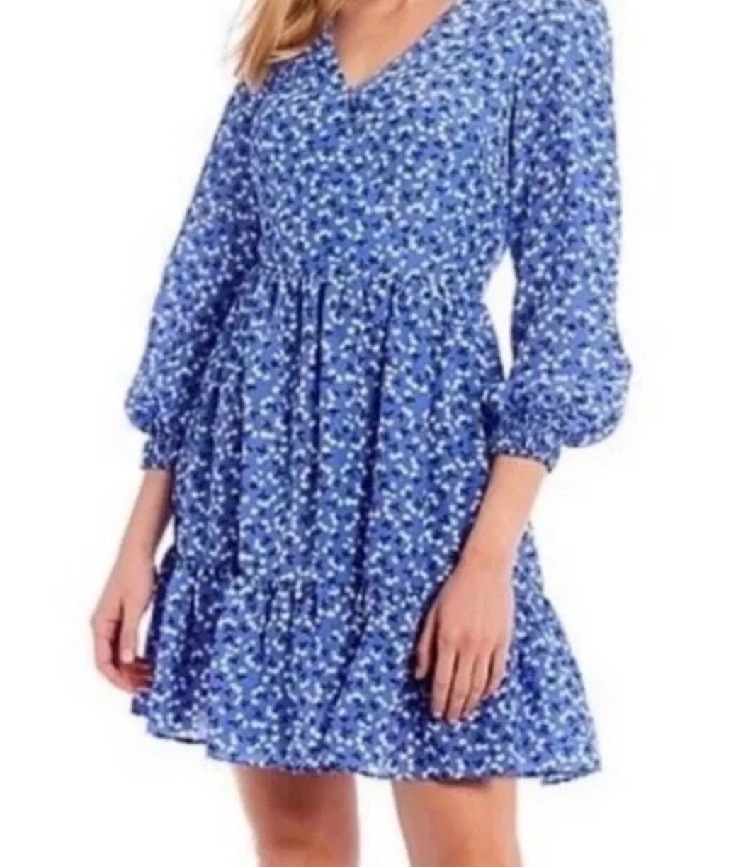 Eliza J Cherry Print Mini Dress Size 16 Blue Long Sleeve Tiered Ruffle Pockets