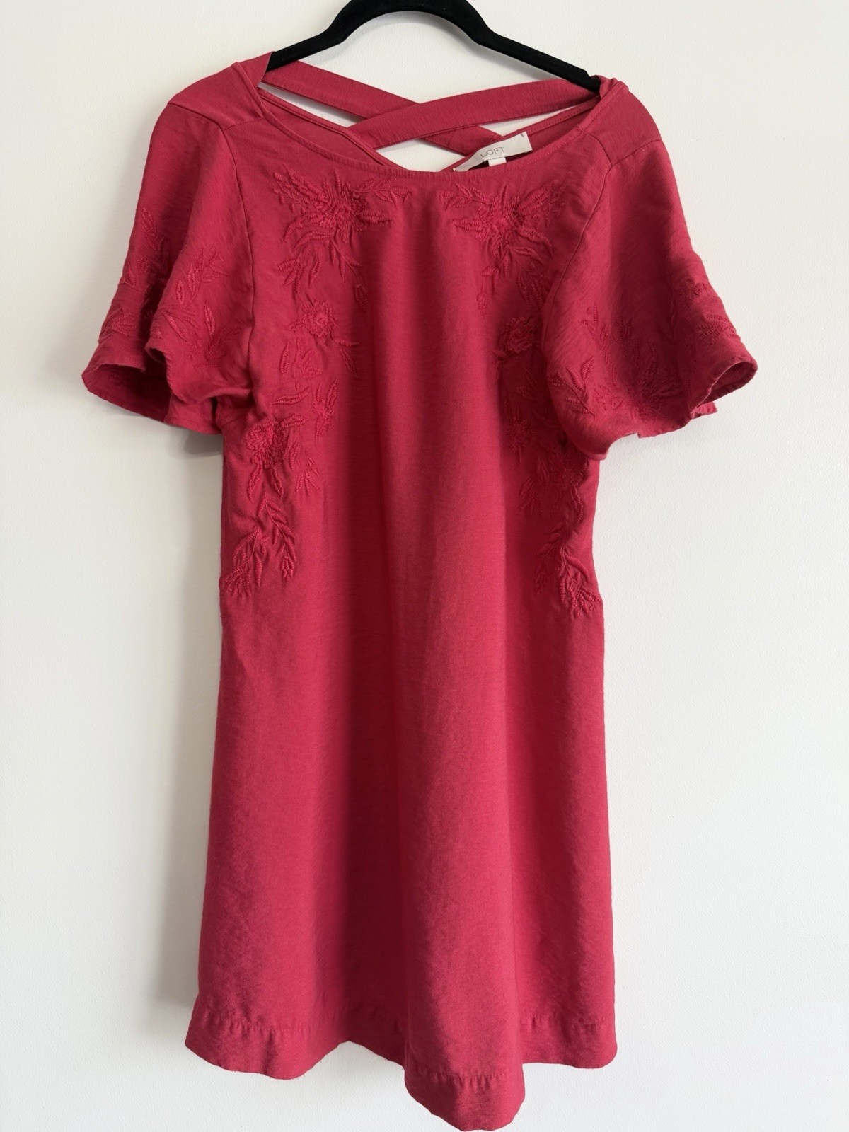 LOFT Womens XS Red Embroidered Shift Dress Short Sleeve Criss Cross Back