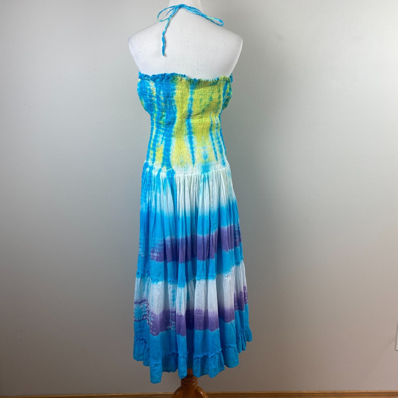 Blue Ocean Midi Dress OS Tie Dye Halter V-Neck Smocked A-Line Summer Boho Hippie