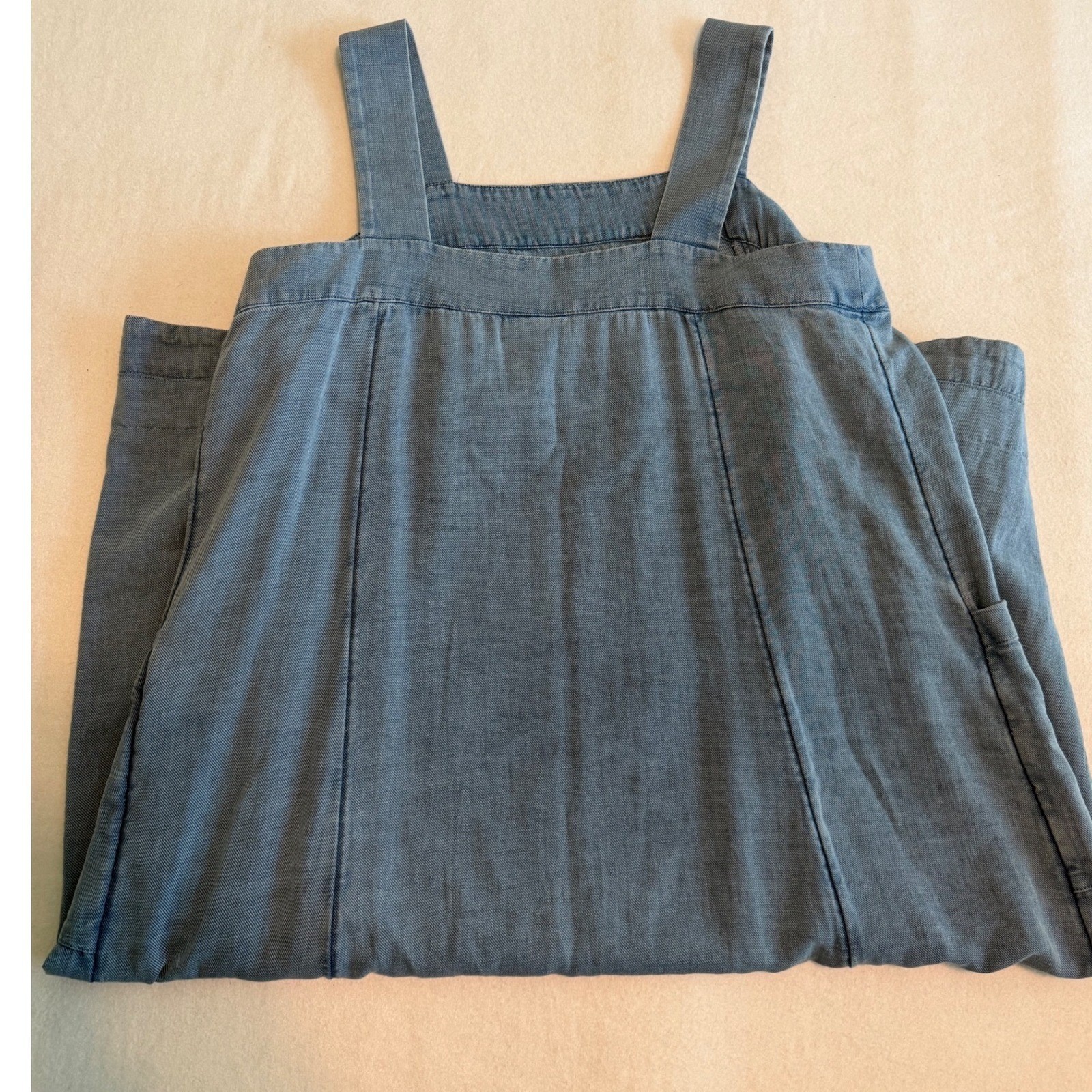Blue Chambray Pinafore Midi Dress Square Neck Pockets Cottagecore Minimalist