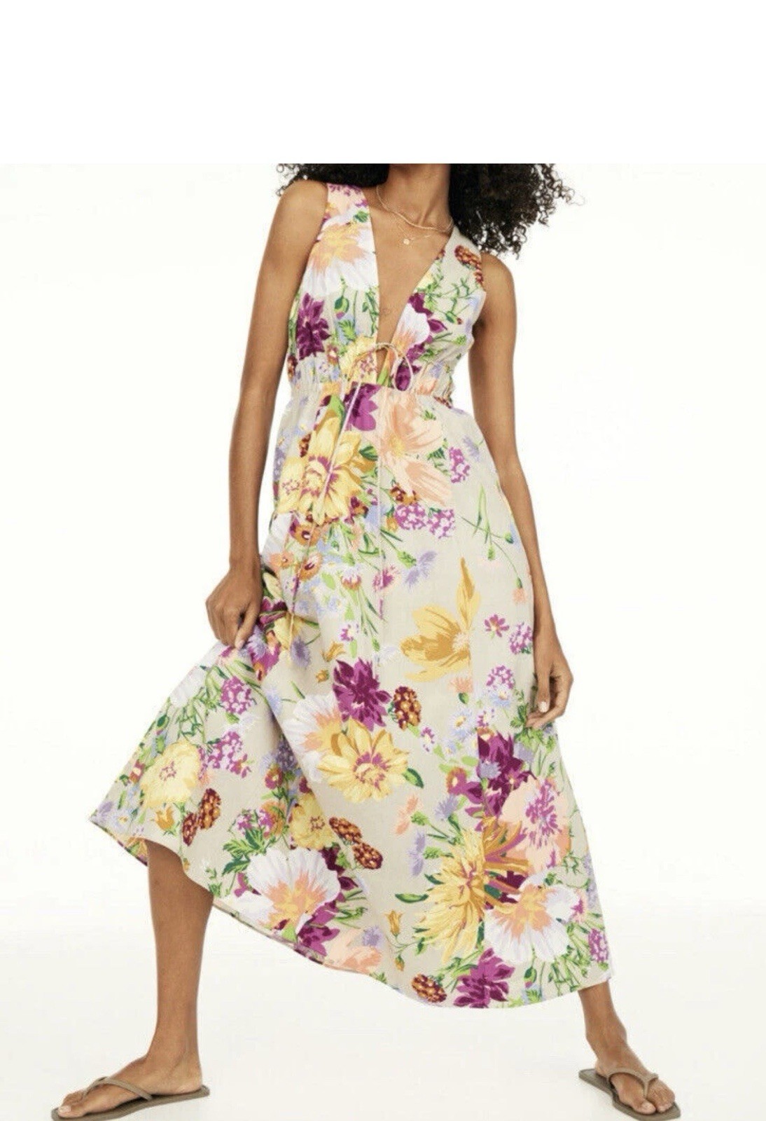 H&M Floral Summer Cotton Linen Maxi Dress Fully Lined Adjustable Long Large / L