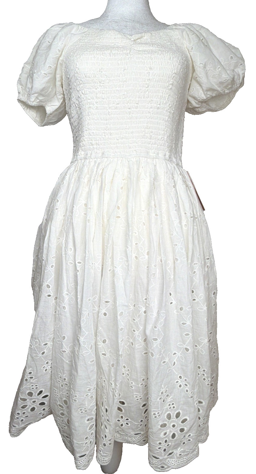 IVY CITY CO White Eyelet Embroidery Romantic Boho Smocked Bodice Cotton SZ S