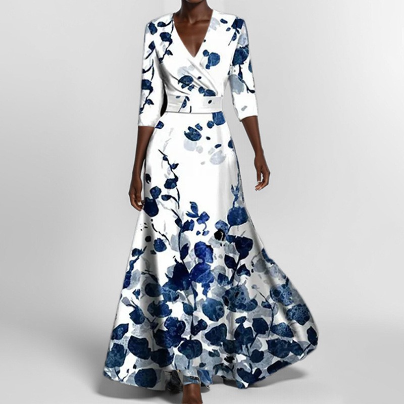 Womens High-End Dress Fashionable&Elegant V-neck Printed Tie-Fitting Skirt Dress