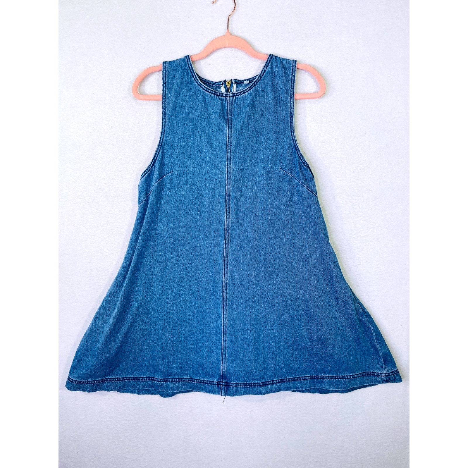 Sleeveless Denim Mini Dress Medium Wash A-Line Back Cutout Blue Size M