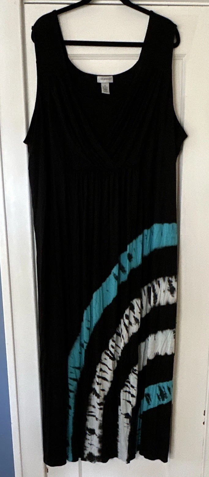 Catherines 4X Plus Black Blue White Abstract Maxi Dress Sleeveless Scoop Stretch