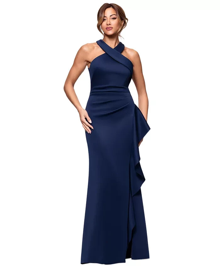 Xscape Midnight Blue Ruffle Crisscross Halter Scuba Crepe Gown Size 16 $258
