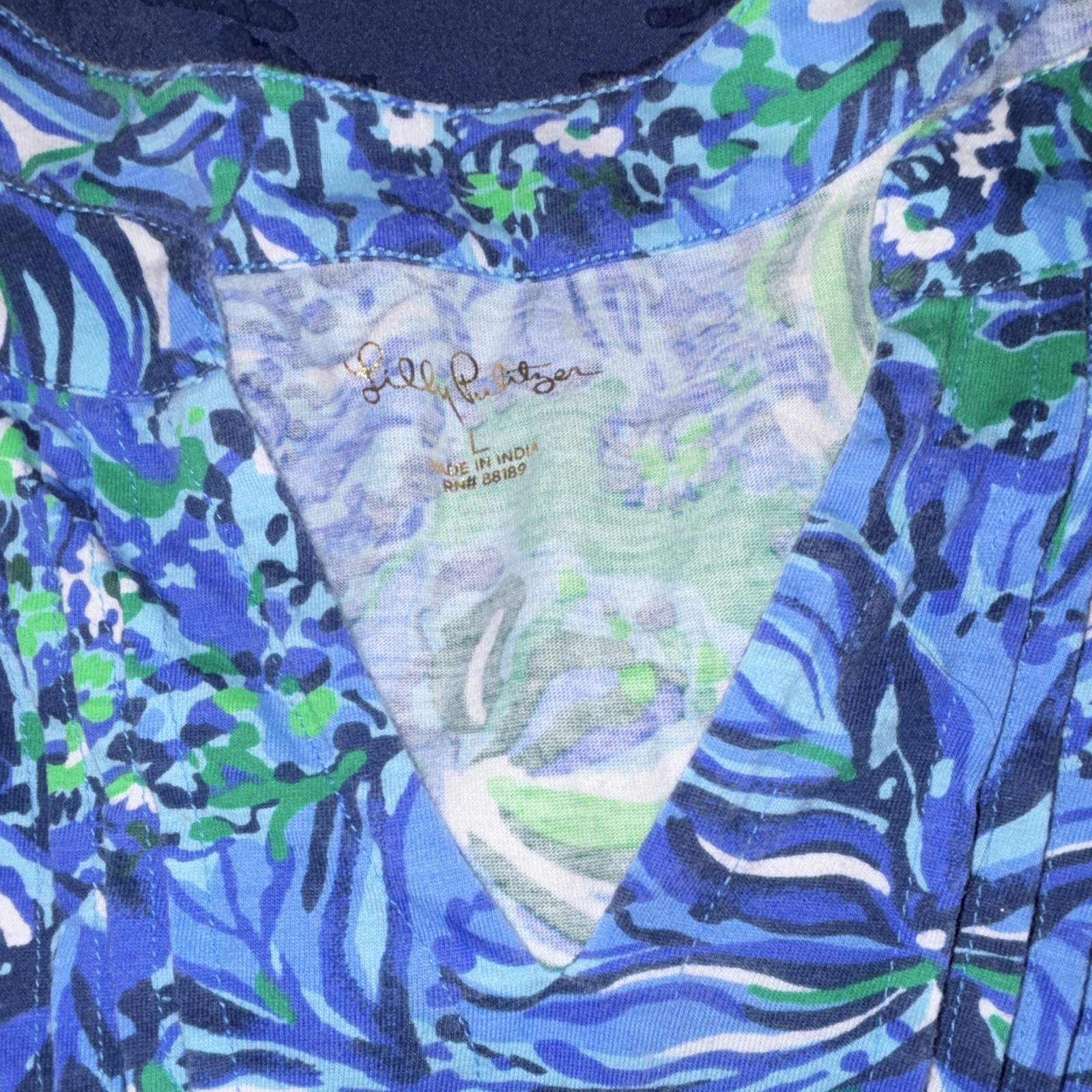 Lilly Pulitzer Women’s L Blue Green White Floral V-Neck 3/4 Sleeve Knee Dress
