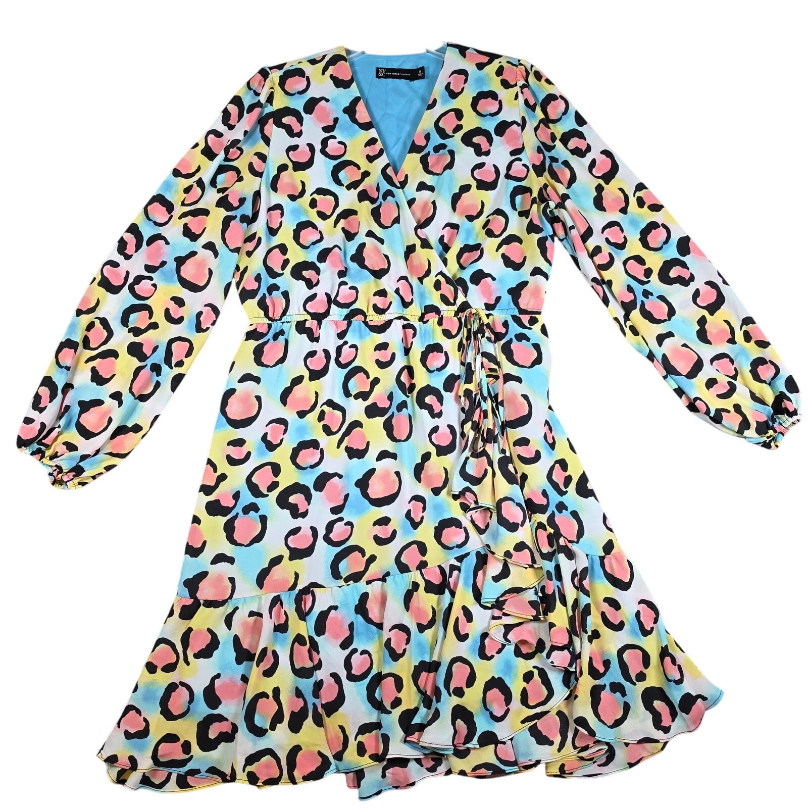 New York & Company Pastel Leopard Dress Medium Faux Wrap High-Low Ruffle Multi M