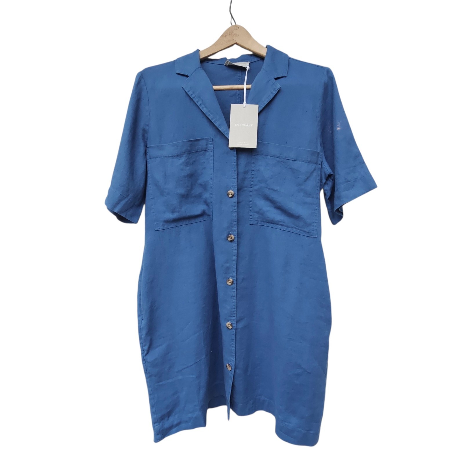 Everlane Workwear Linen Short Sleeve Shirt Dress Med Blue Pockets Minimalist