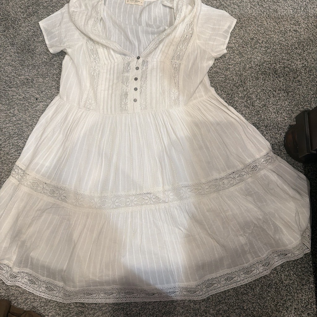 Lucky Brand Women’s M White Striped Woven A-Line V-Neck Lace Trim Dress