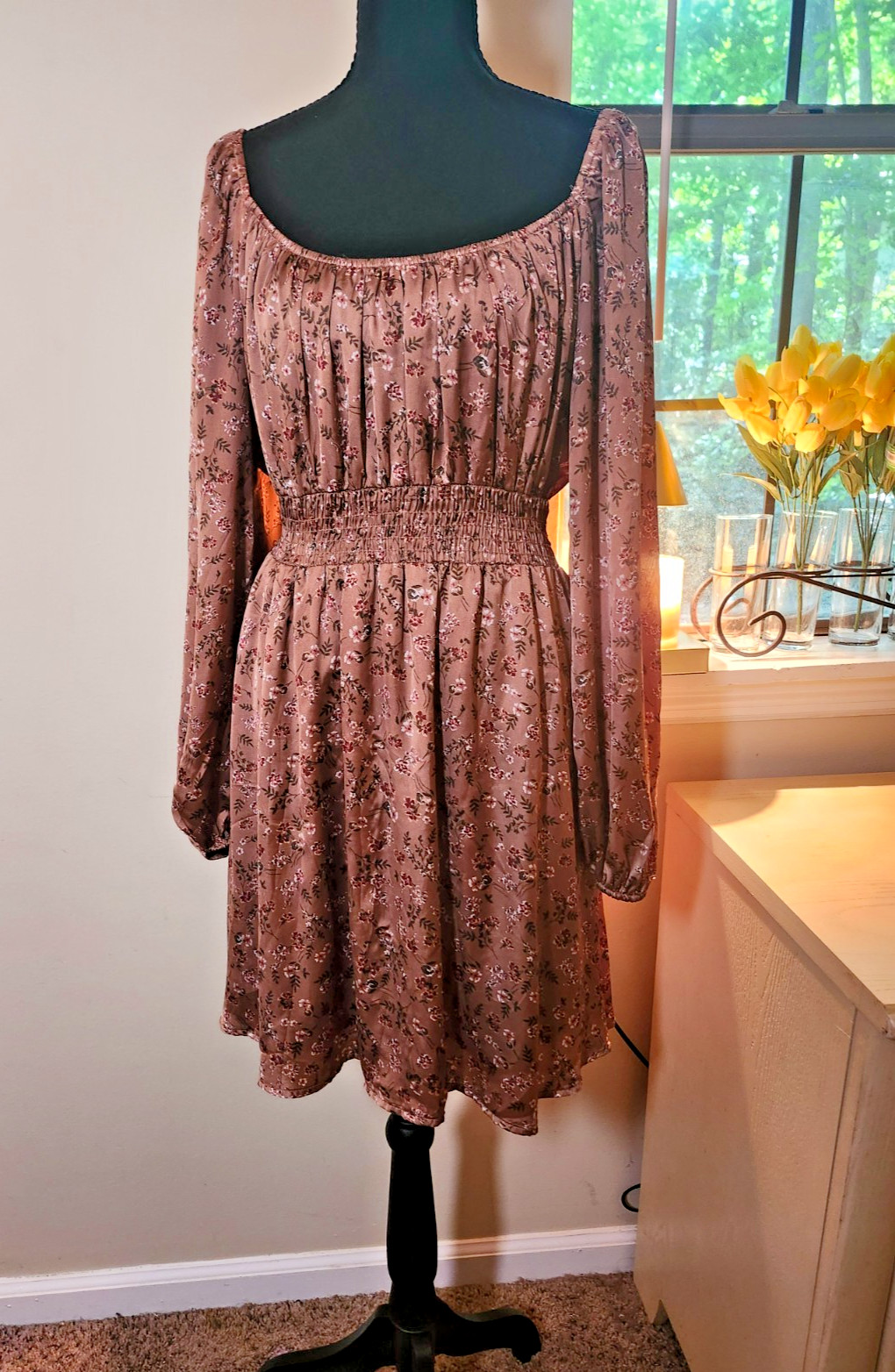 Altar’d State Satin Babydoll Romance Dress L Bubble Sleeve Cottagecore NWOT