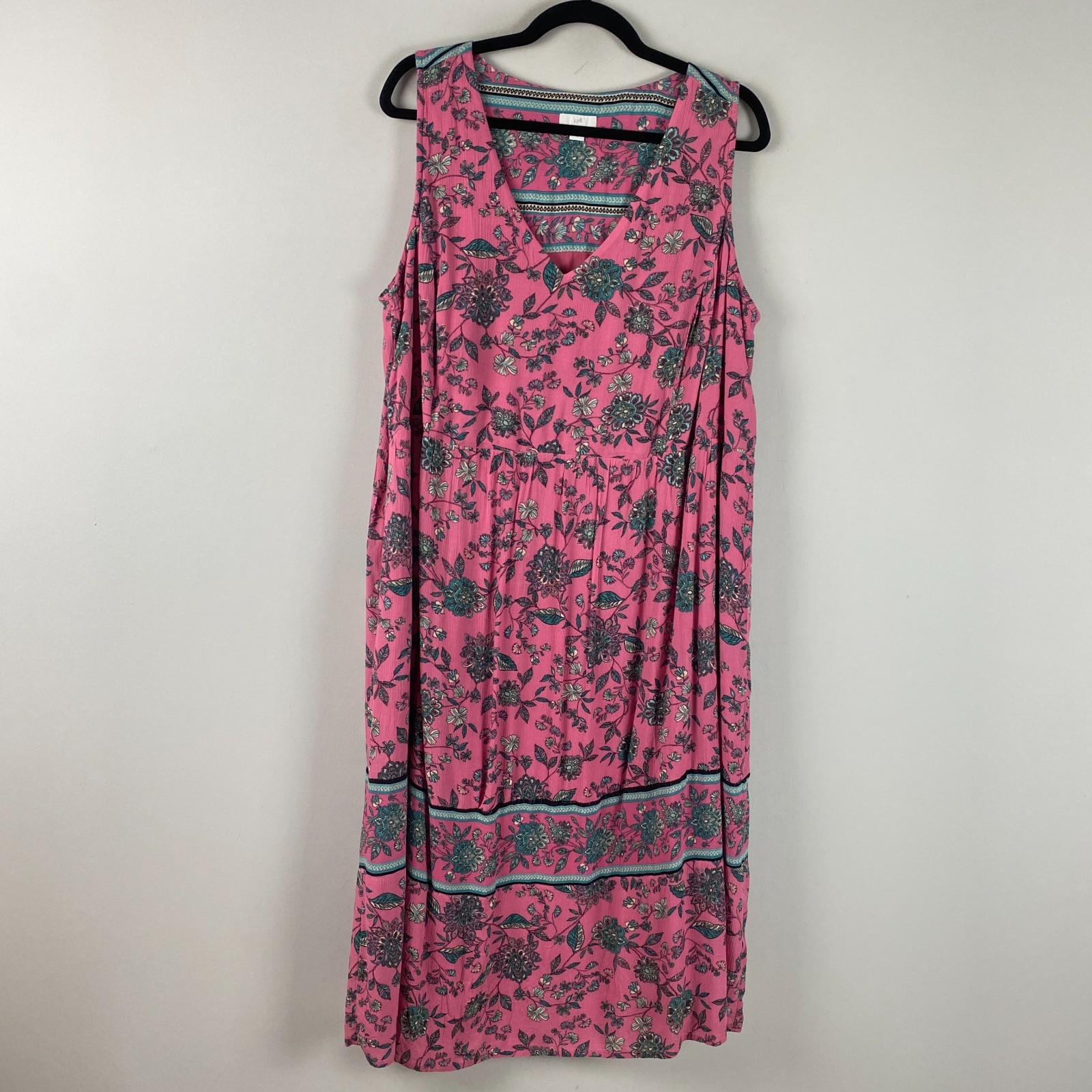 J. JIll Midi Dress Size XL Pink Floral V Neck Sleeve Viscose Shift