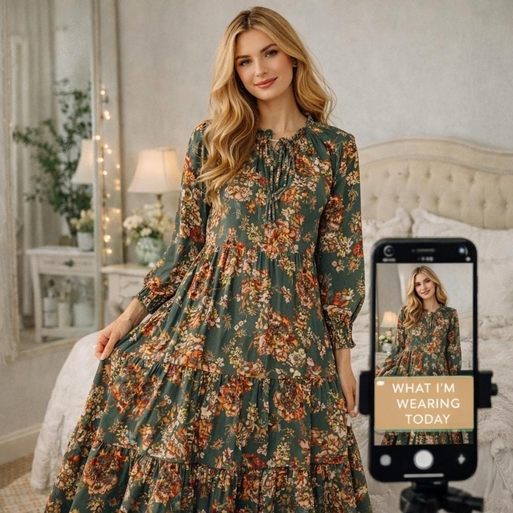 Umgee Floral Dress, Long Sleeve Maxi, Green And Orange Small