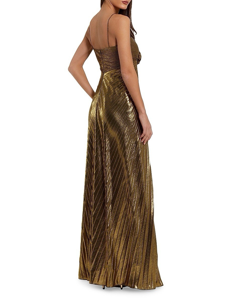 Mac Duggal Gold Metallic Pleated Maxi Dress Sz 6 Sweetheart Spaghetti Strap