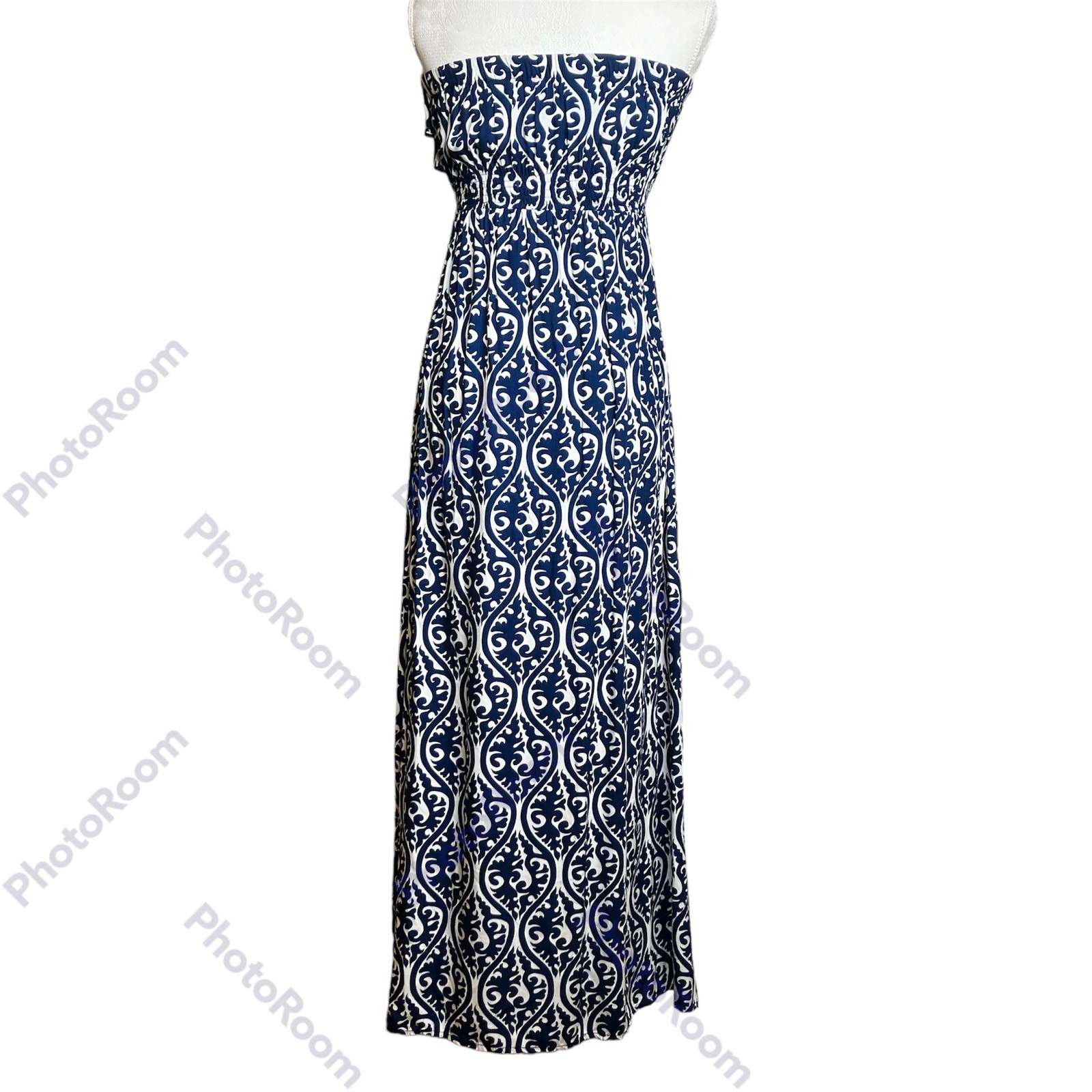 Escapada Womens Strapless Dress SZ M Navy & White, Ruffles On Chest, 2 Slits