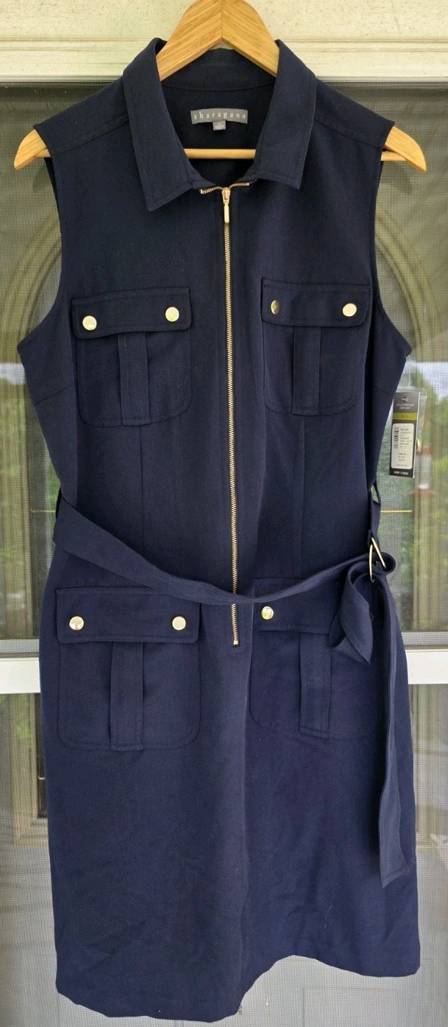 Sharagano Women’s Size 14 Sleeveless Belted Navy Blue With Gold Blazer Dress NWT
