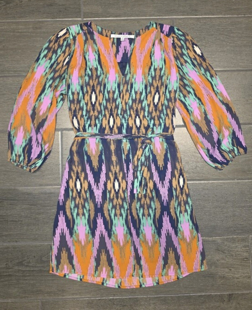 Collective Concepts Colorful Boho Abstract Geometric Tribal V-Neck Dress w/ Tie