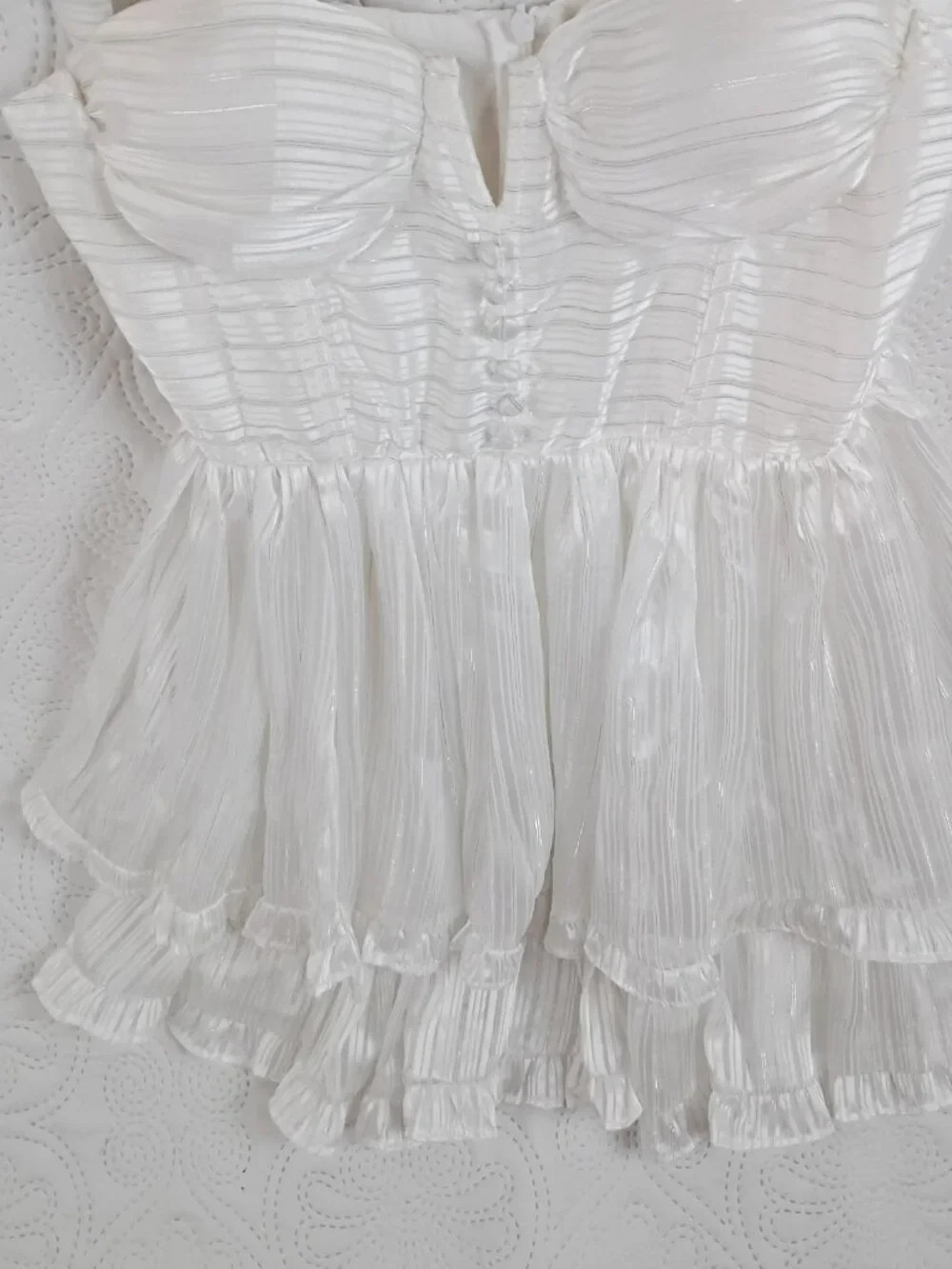 NWOT White Shimmer Tiered Ruffle Mini Dress | Size S | Boutique Style