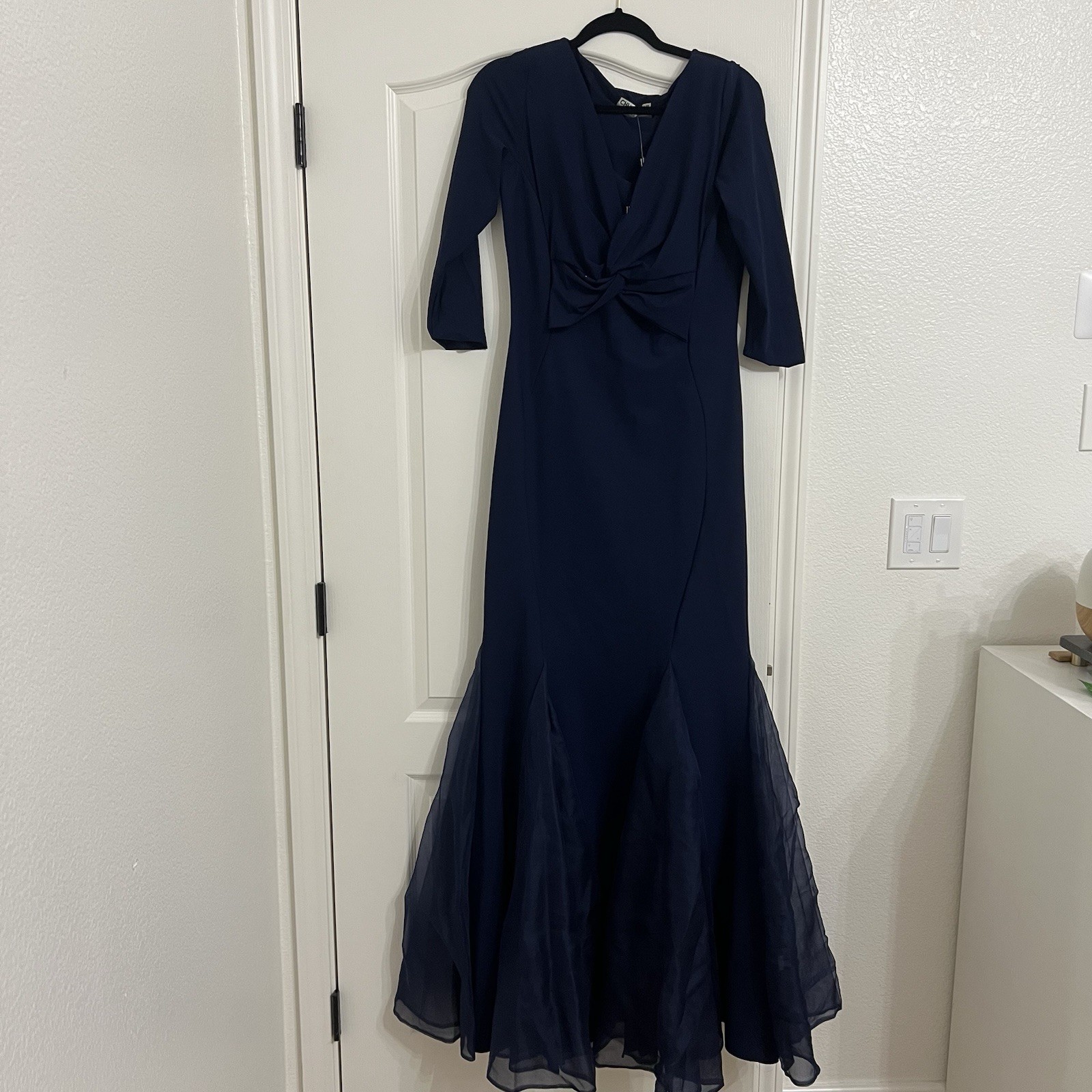 Chiara Boni Blue Long Stretch Jersey Gown V-Neck 3/4 Sleeve Ruffle Hem 14