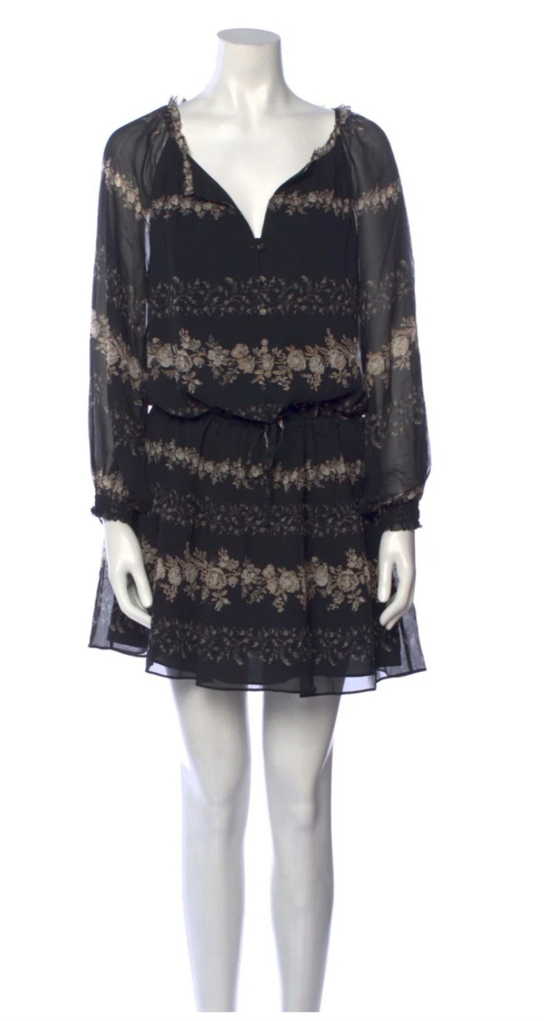 $298 JOIE Silk Floral Black Beige Mini Dress – Size L