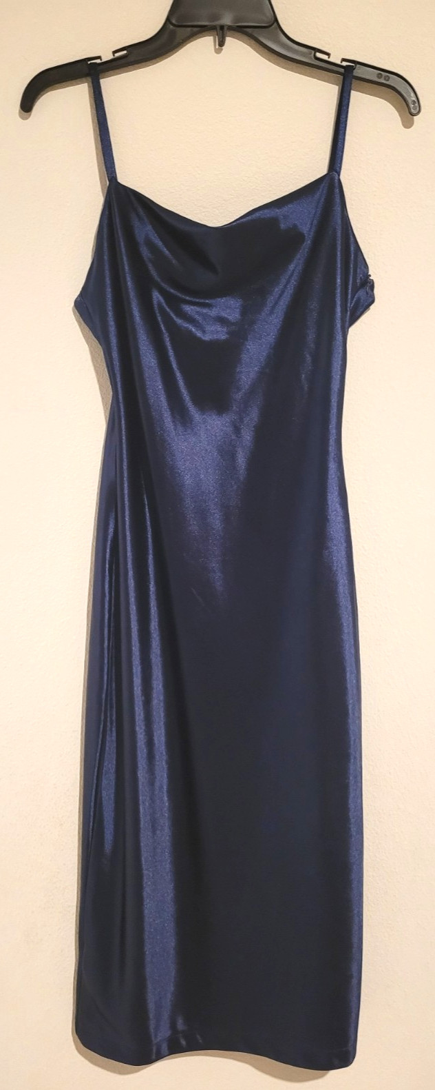 Women’s Navy Blue Satin Slip Dress Spaghetti Straps Midi Formal Party Size S