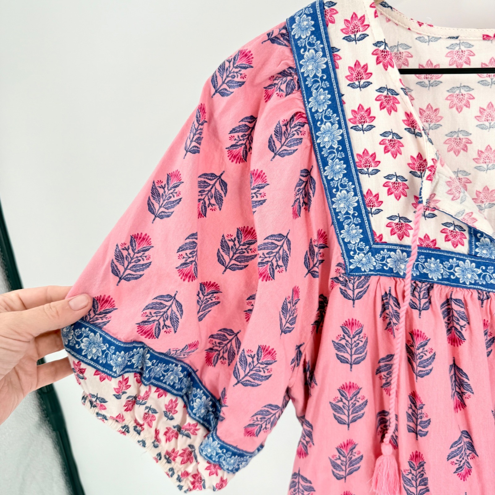 Old Navy Floral Boho Mini Dress Pink Large Cotton Blend Tassel Neck Pockets