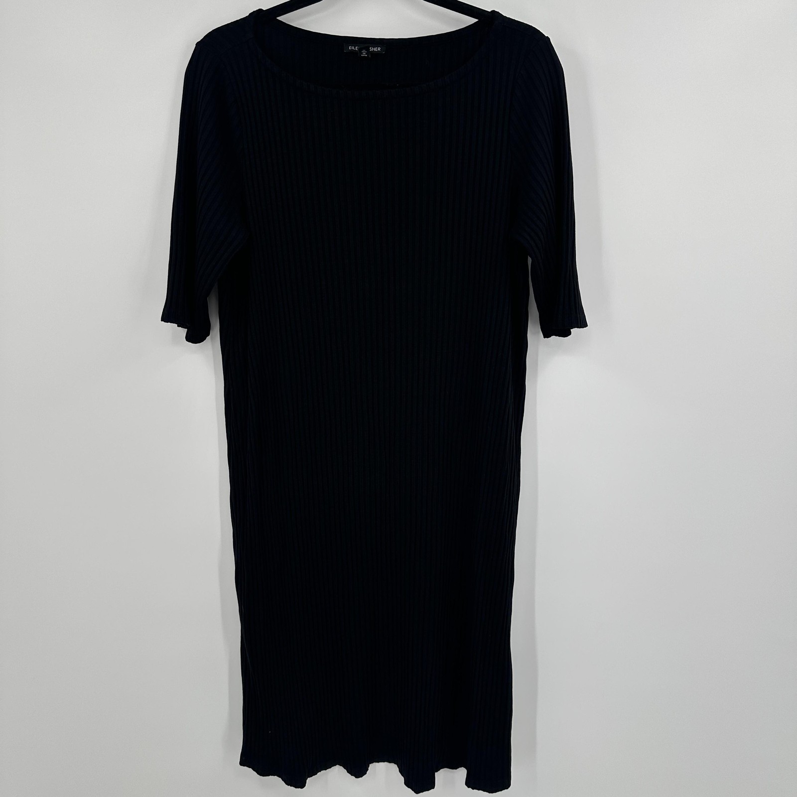 Eileen Fisher Dress Womens Medium Ribbed Knit Elbow Sleeve Midi Tencel Stretch