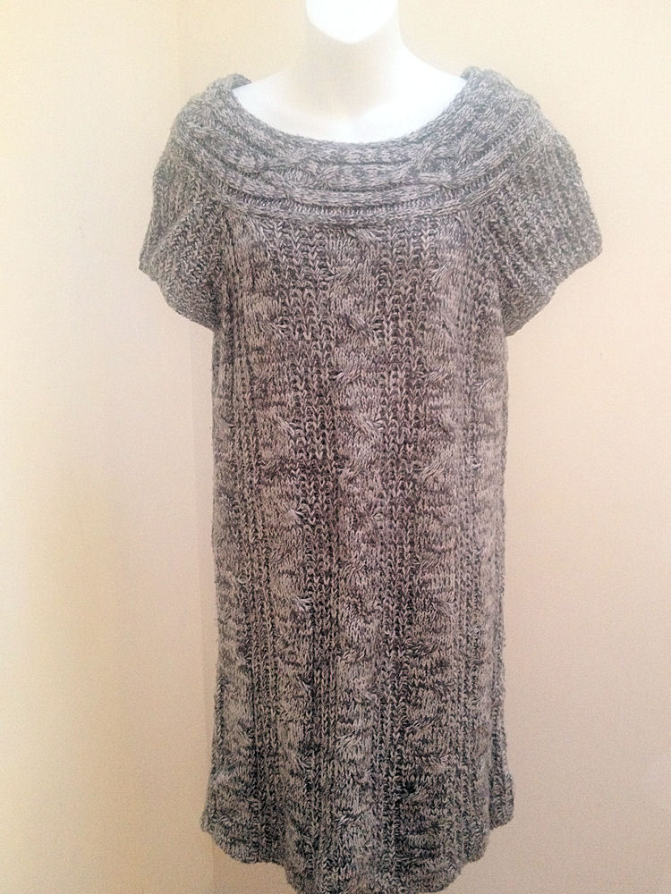 Yvos L Gray Sweater Dress Marled Cable Knit Boat Neck Cap Sleeve