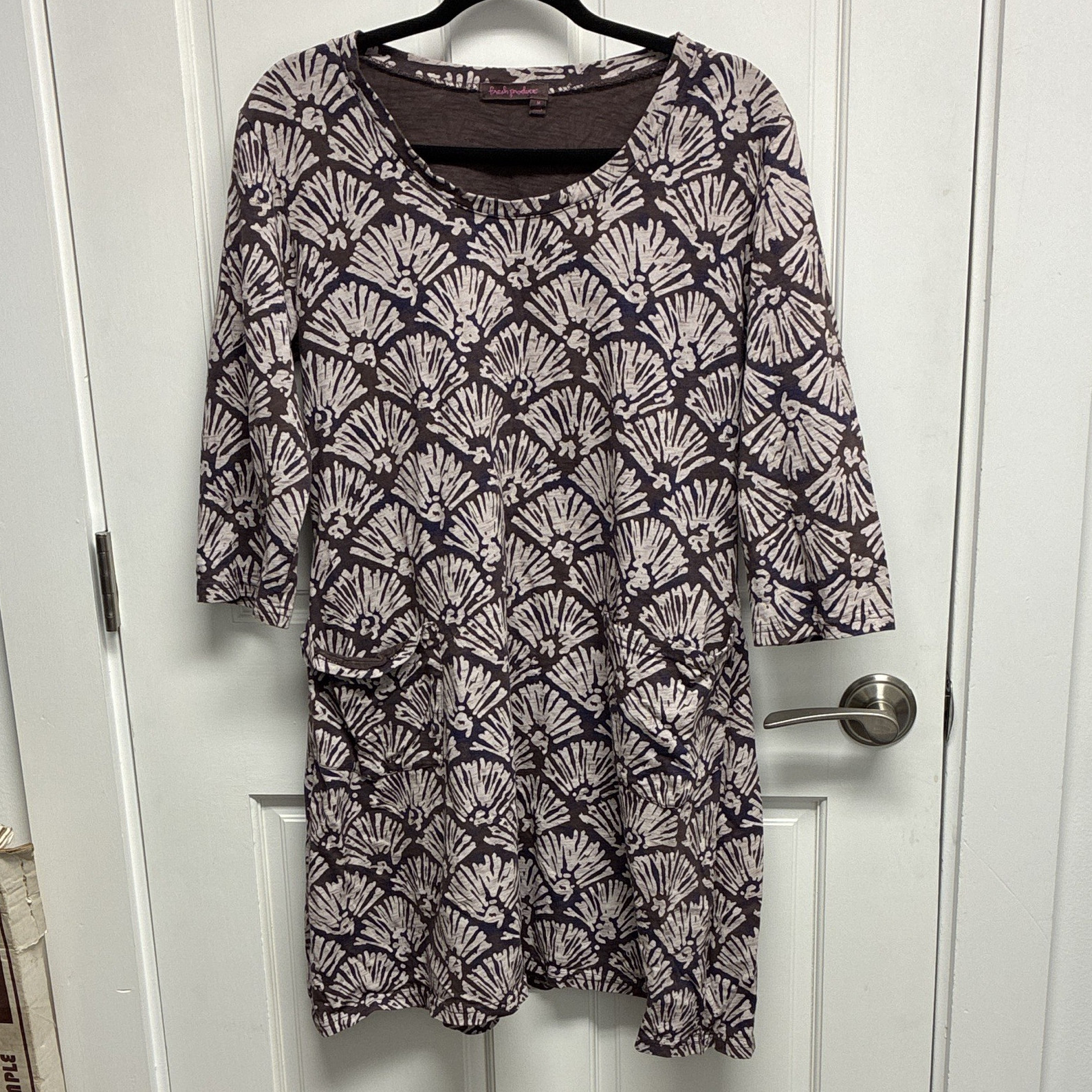 Women’s Fresh Produce Shift Dress Purple/White Scoop Neck 3/4 Sleeve Knee M