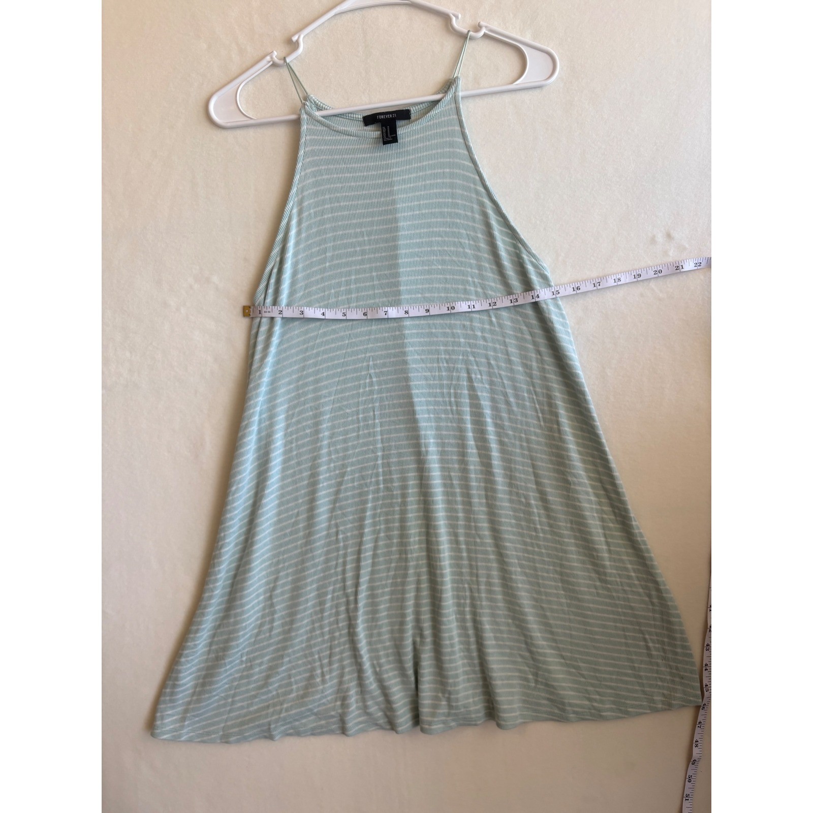 Forever 21 Womens Ribbed Knit Striped Trapeze Dress Sage Green White Medium