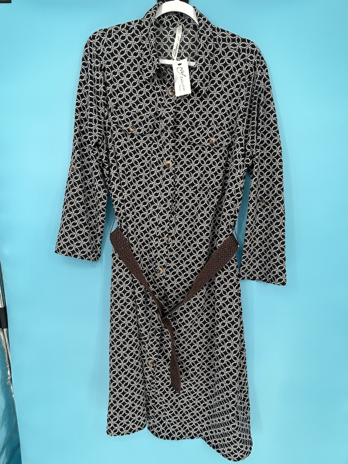 NY Collection Black Print Casual Shirt Dress With Belt 1X