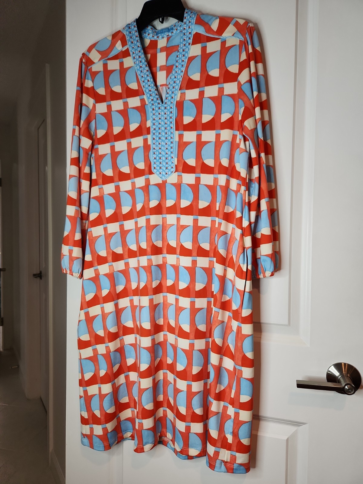 J McLaughlin Emer Shift Dress Womens L Blue Orange Wht Geometric Print $288 RARE