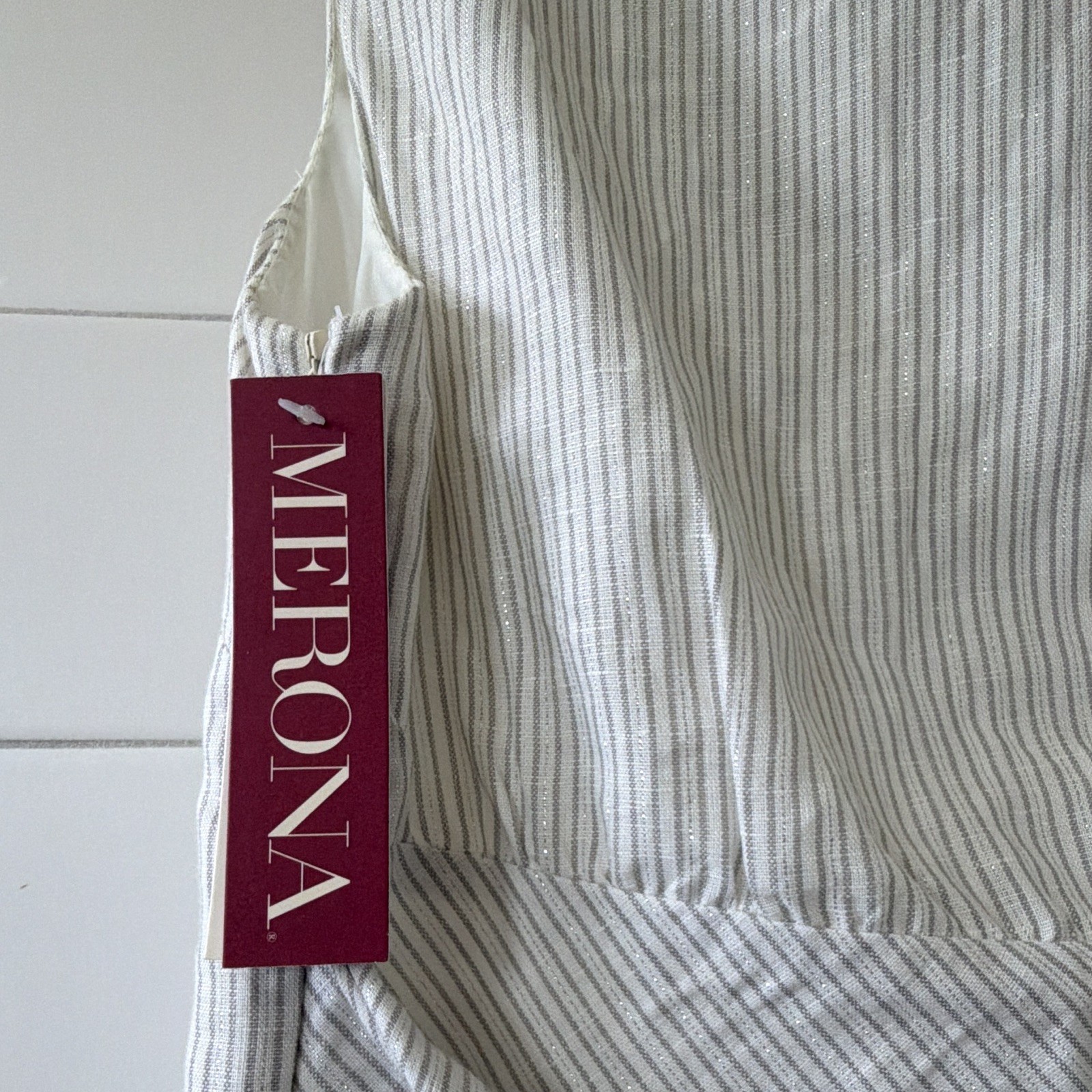 Merona White/Gray Striped Sleeveless V-Neck Sheath linen lined Dress w ties 2