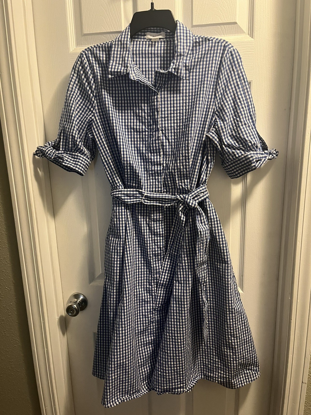 Women’s Calvin Klein Gingham Check Belted Button-down Bow Sleeves Size 10 Dress.