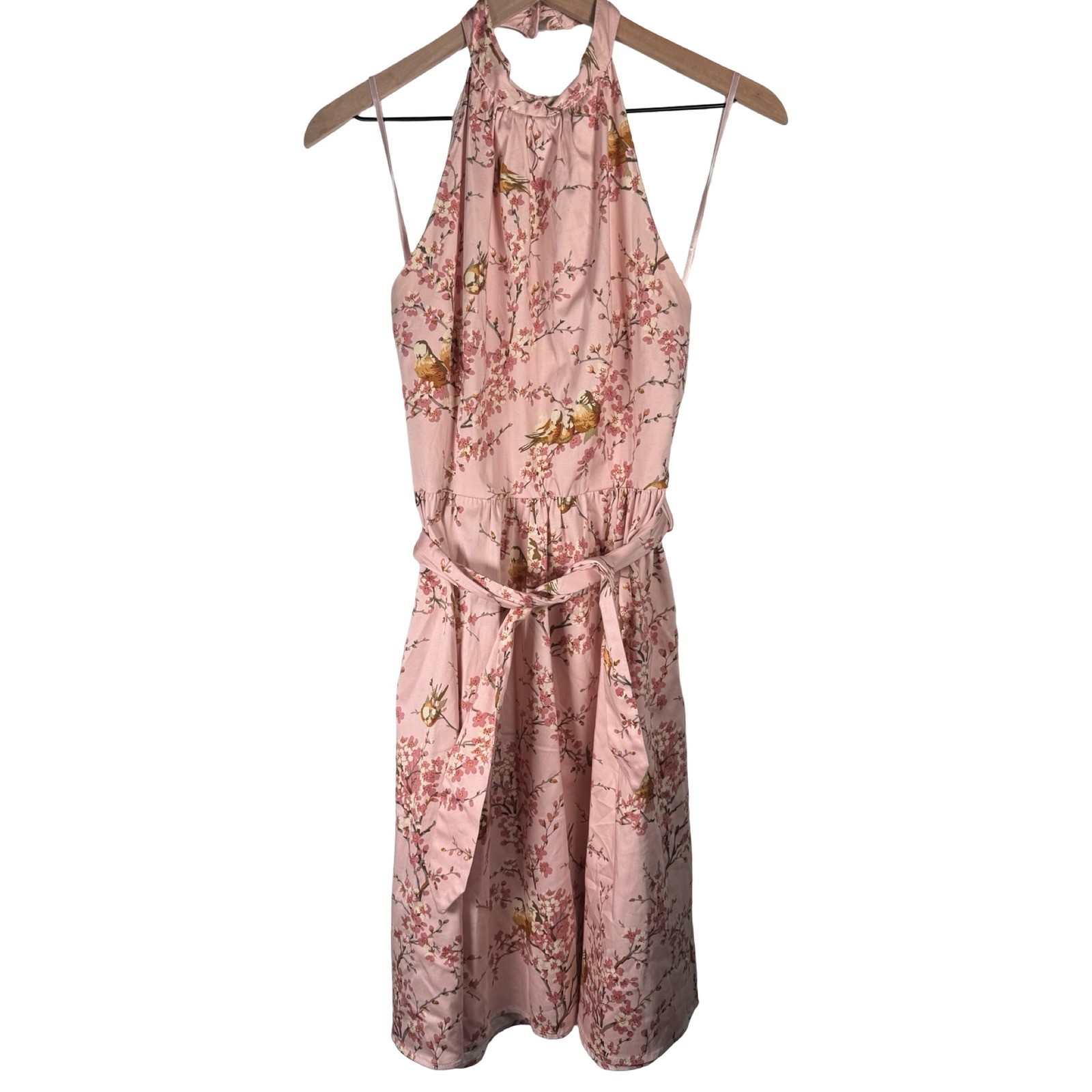 Vintage Moods 90s Cherry Blossom Bird Print Halter Neck Dress 6 Made in USA