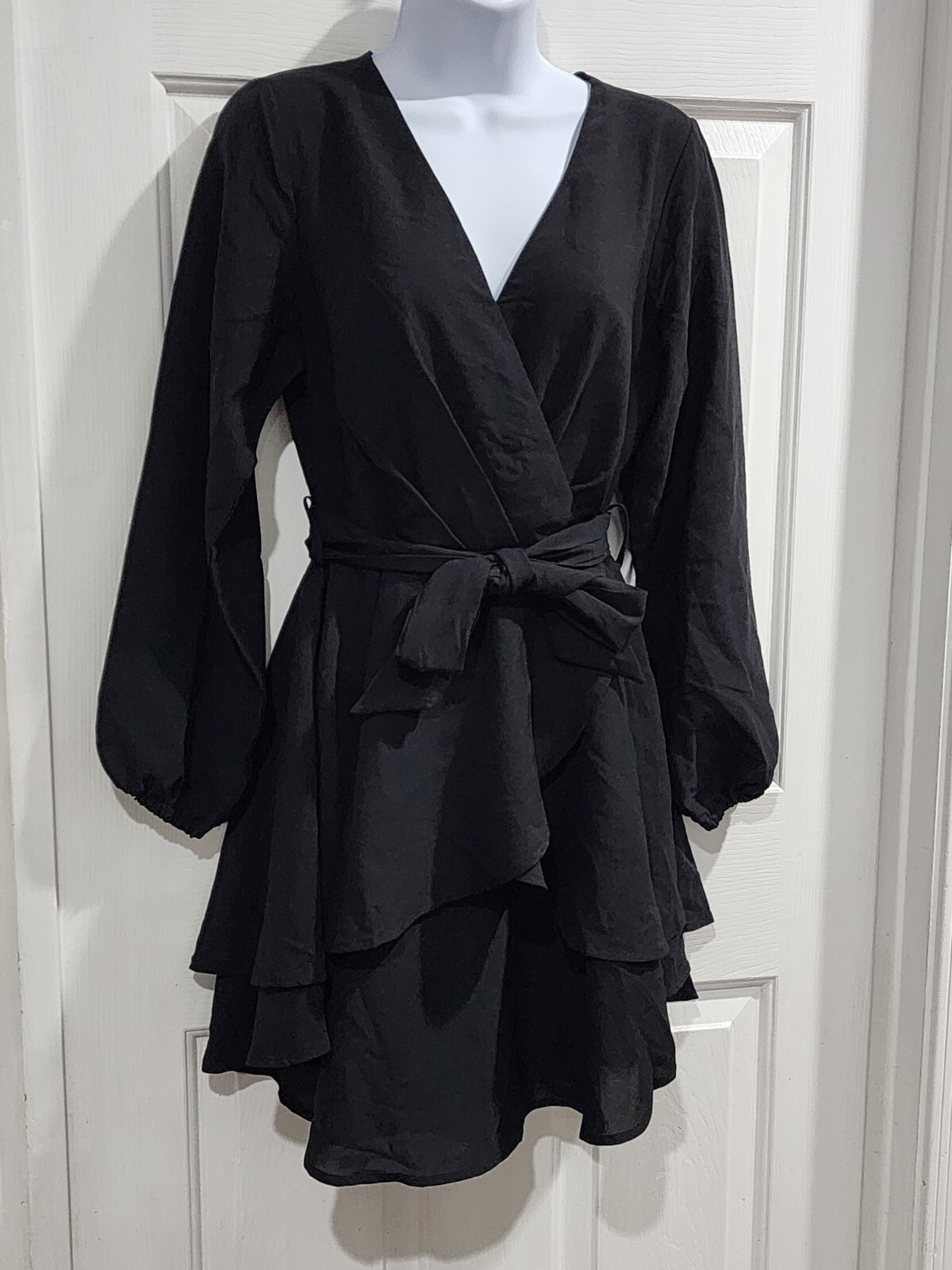 Cosonsen Womens Cute Mini Dress Deep V-Neck Long Sleeve Tie Waist Ruffle Short