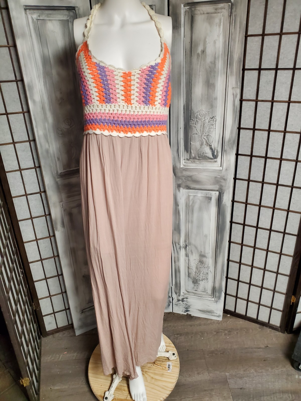 Crochet Granny Square Maxi Jumpsuit Dress Sleeveless Plunging L NWT Wide Leg