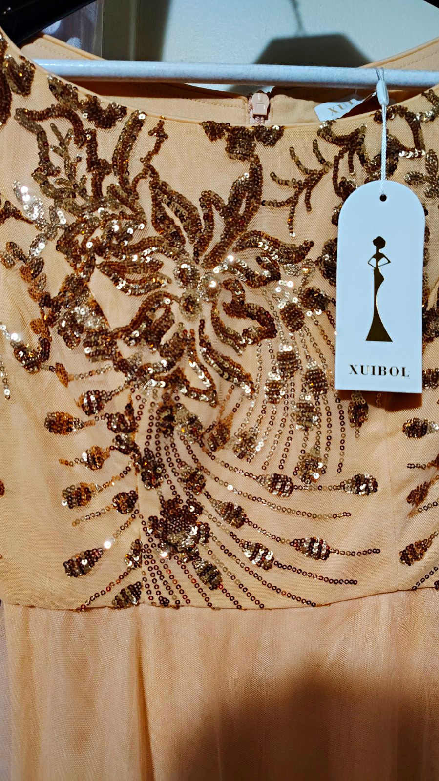 XUIBOL XL Beige/Gold Tulle Sequin Maxi Gown Long Round Neck Formal Party