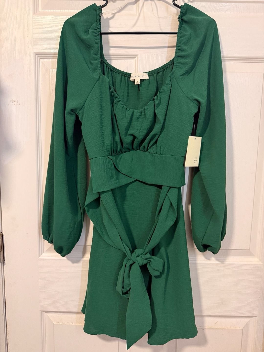 Pie in the Sky Smocked Back Tie Front Long Sleeve Mini Dress in Hunter Green