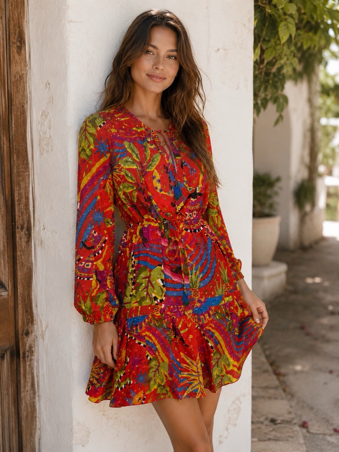 FARM Rio Magic Forest Mini Dress Dress Tie Waist Long Sleeve Size Large NWOT