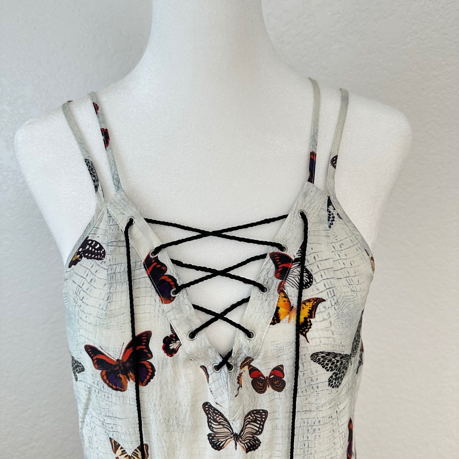The Kooples Butterfly Print Silk Mini Dress Women Small White Lace Up Ruffle