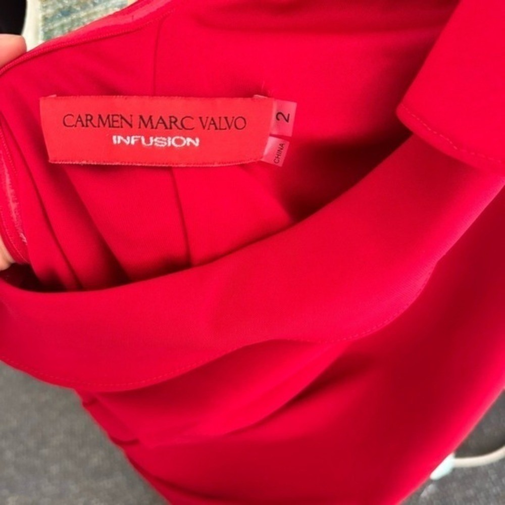 Carmen Marc Valvo Infusion Red One Shoulder Ruffle Sheath Cocktail Dress 2