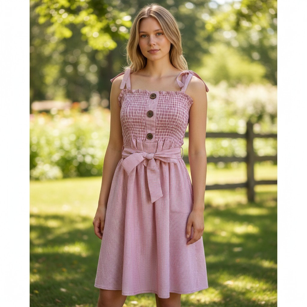 Red White Pinstripe Sundress Tie Shoulder Button Front A-Line Midi Dress
