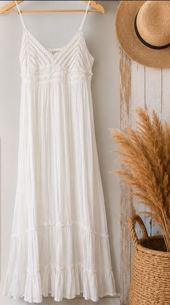 Billabong White Boho Maxi Dress L 100% Cotton Lined Beach Summer Made India