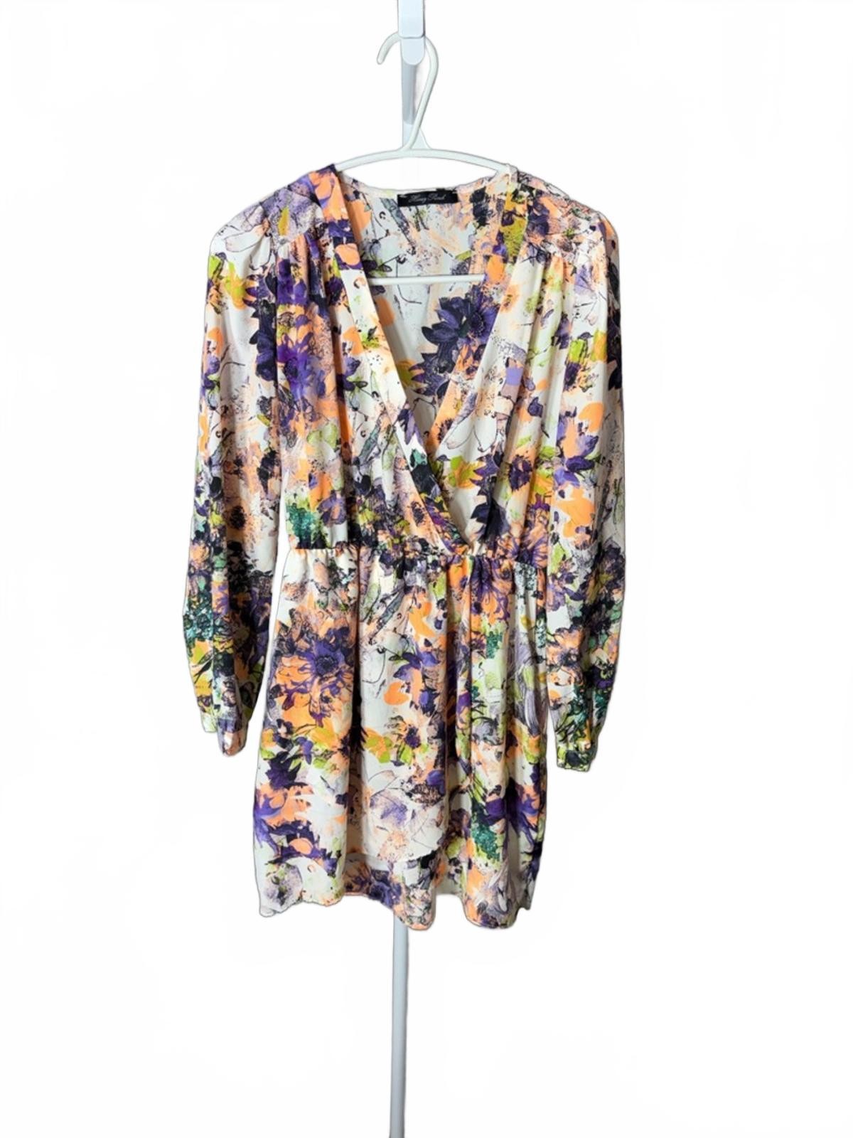 Honey Punch Cream Floral Wrap Dress with Purple and Orange Print