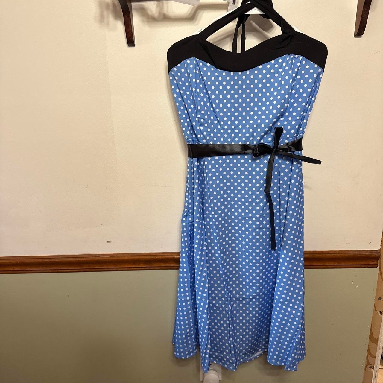 Blue polka dot retro dress with black bow size 3XL plus