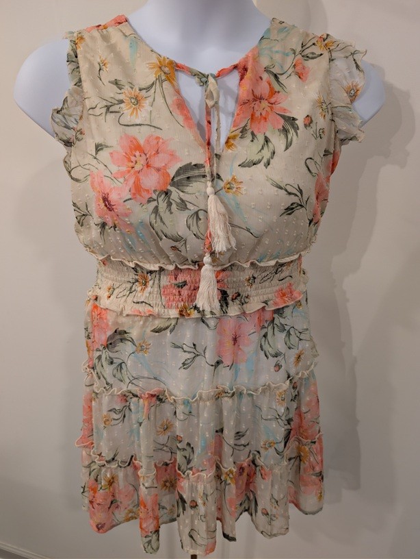 1213- Indulge Boho Floral Tiered Ruffle Dress Sheer Cap Sleeve Tassel Tie – NWT