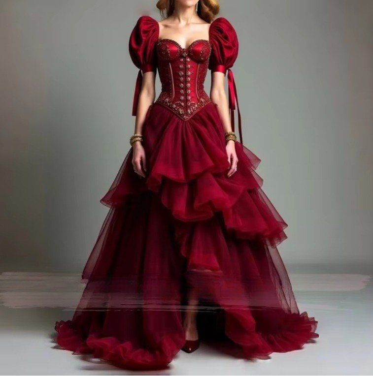 Burgundy Victorian Evening Dresses V Neck Bubble Short Sleeve Corset Beaded